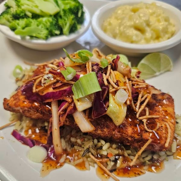 Half Moon Restaurant & Brewery's salmon with wild rice, broccoli, and mac and cheese.